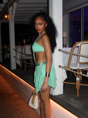 Green Sequin Cut Out Frill Hem Mini Dress