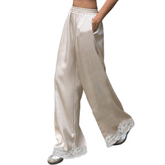 Satin Lace Trim Elastic Waist Wide Leg Pants