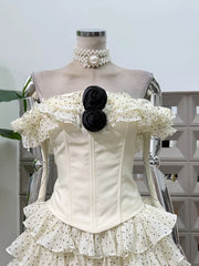 Off-shoulder Frill Rose Corset Top And Polka Dot Ruffle Mini Sirt Set