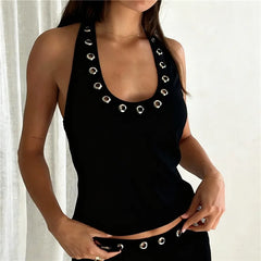 Metal Hollow Halter Vest and Shorts Set