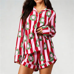 Christmas Striped Printed Long Sleeve Button Down Shirt And Shorts Pajama Set