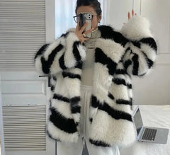 Zebra Striped Faux Fur Coat - Free From Label