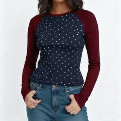 Dotted Long Sleeve Contrast Top