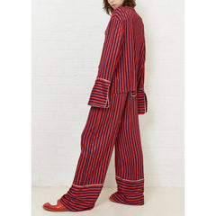 Striped Satin Button Down Long Sleeve Top and Pants Loungewear Set