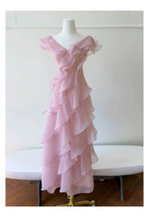 Pink Butterfly Sleeve Asymmetrical V-neck Tiered Ruffle Midi Dress
