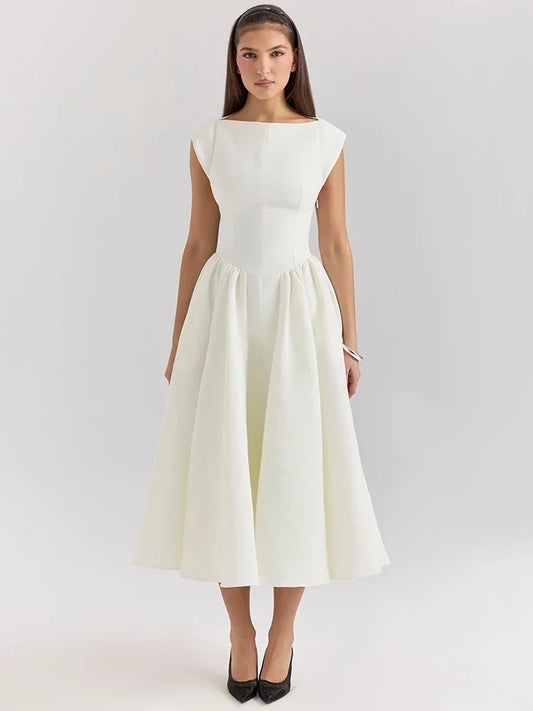 Solid Short Sleeve Flare High Neck Midi Dress