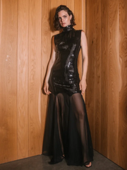Turtleneck Sequins Patchwork Mesh Long Dress