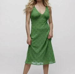 Green Embroidery Hollow Out Tie Bow Midi Tank Dress