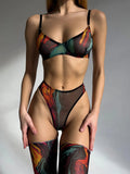 Mesh Printed Tie Dye Lingerie Set With Stocking Sleeve