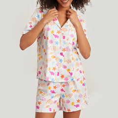 Ocean Print Button T-Shirt and Elastic Shorts Loungewear Set