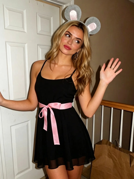 Black Cami Pink Ribbon Tie Mini Dress