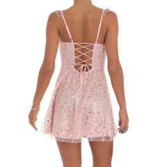 Tie-Up Sequined Mini A-Line Dress