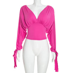 V-Neck Slit Tied-up Long Sleeve Waist Cinched Top
