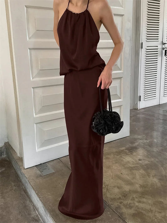 Brown Satin Tie up Backless Top And Long Skirt Set