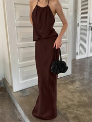 Brown Satin Tie up Backless Top And Long Skirt Set