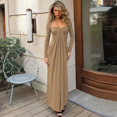 Long Sleeve Draped Tie Neck Maxi Dress