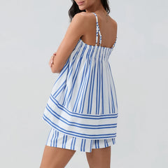 Blue Striped Cami Babydoll Top And Shorts Set