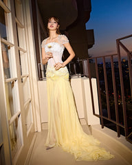 Cape Sleeve Chiffon Tiered Petals Sequined Pearl Embellished Gown