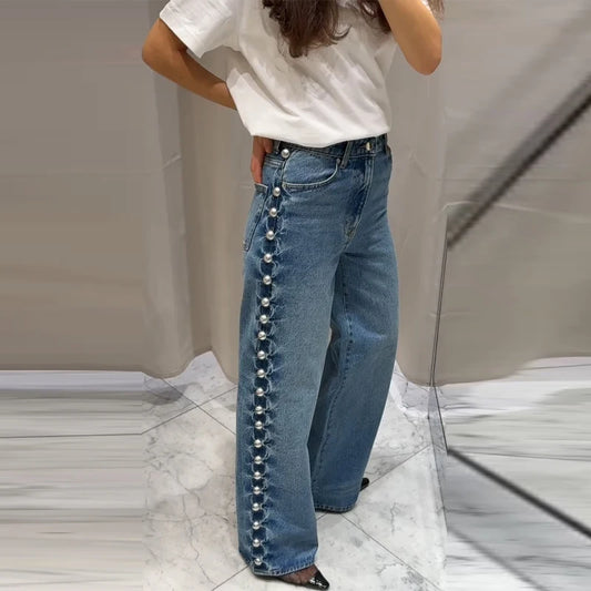 Side Studded Beading Straight Baggy High Waist Denim Pants