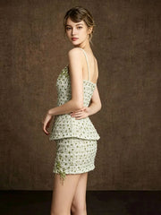 Green Floral Beaded Sequin Corset Top And Mini Skirt Set