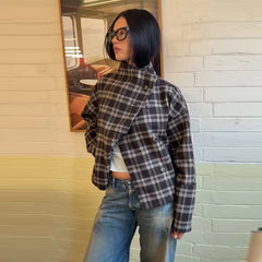 Plaid Asymmetric Button Stand Collar Jacket