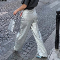Metallic High Waist Denim Straight Leg Pants