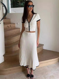 Knit Two Tone Short Sleeve Buttoned Top And Pleated Midi Skirt Set