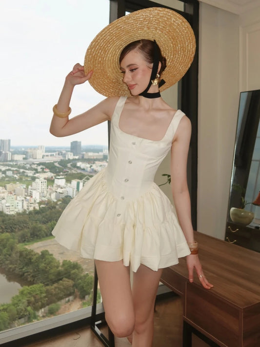 Straps Square Neck Buttons Mini Dress
