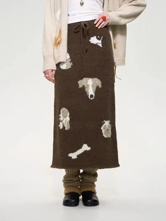 Brown Knit Cute Dog Jacquard Print Midi Skirt