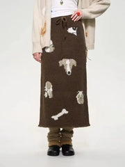 Brown Knit Cute Dog Jacquard Print Midi Skirt