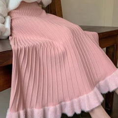 Pleated Patchwork Mid-length A-line Knitted Skirt Free From Label