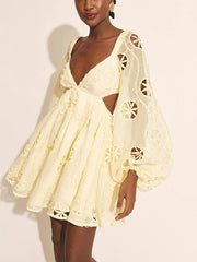 Yellow Floral Embroidery Long Sleeve Mini Dress