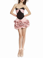 Black Satin Strapless Croset Top And 3d Frill Flower Mini Skirt Two-Piece Set