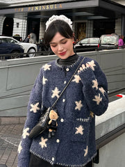 Star Knitted Loose O-neck Cardigan