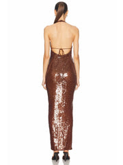 Brown Sequin Halter Maxi Dress