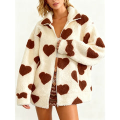 Heart Print Fuzzy Fleece Zip Up Jacket