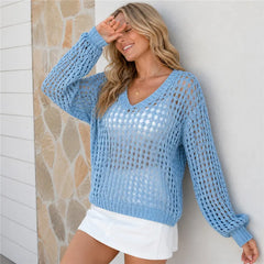 Hollow Crochet Cover Up Long Sleeve Pullover Top