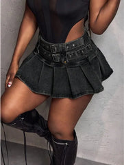 Denim Low Waist Double Belt Pleated Mini Skirt