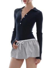 Ribbed Long Sleeve Elastic Waist Patchwork Mini Dress