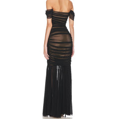 Black Mesh Off-shoulder Pleated Long Dress