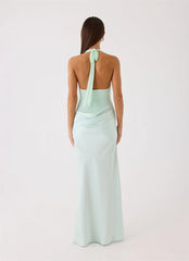 Halter Backless Tie Draped Waist Satin Maxi Dress