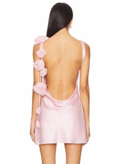 Satin Open Back Strap Flower Draped Mini Dress