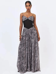 Zebra Print Spaghetti Strap Mesh Corset Patchwork Maxi Dress