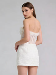 White Sequin Strapless Feather Lace Mini Dress