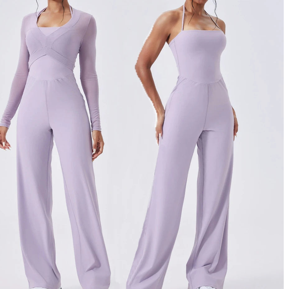 Two views of a person wearing a lavender jumpsuit on a white background