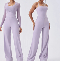 Two views of a person wearing a lavender jumpsuit on a white background
