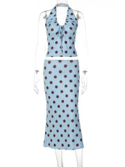 Blue Polka Dot Halter Drawstring Ruched Top And Midi Skirt Set