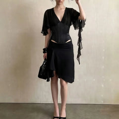 Black V-Neck Frill Slit Sleeve Top And Midi Irregular Skirt Set
