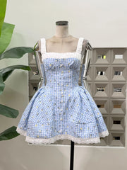 Flare Square Neck Plaid Mini Dress