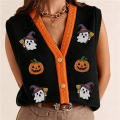 Halloween Ghost Pumpkin Patch Embroidery Knit Vest